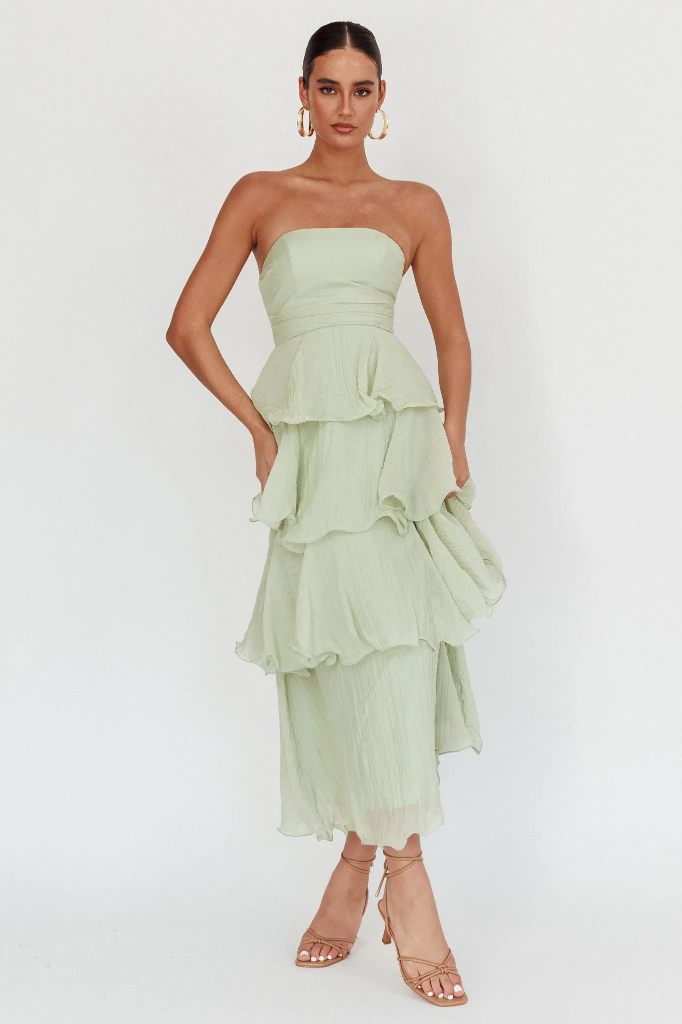 Giavana Strapless Layered Midi Dress Sage