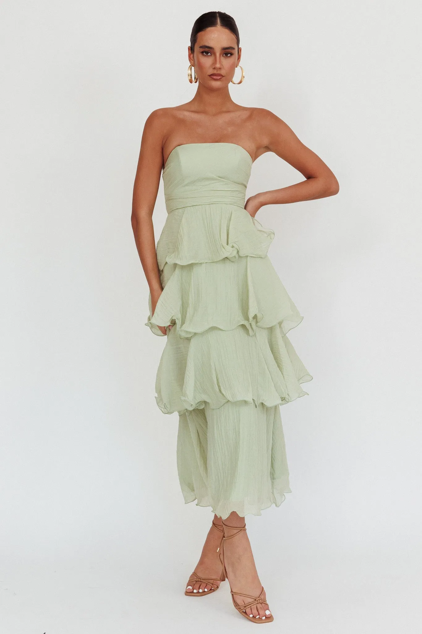 Giavana Strapless Layered Midi Dress Sage