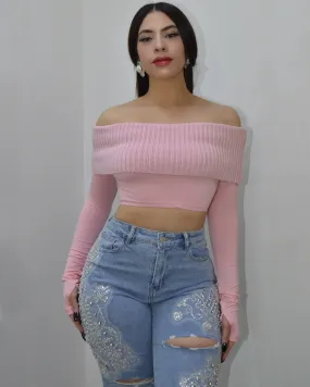 Glow Again Off The Shoulders Crop Sweater Pink