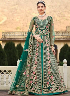 Green Multi Embroidery Slit Style Anarkali Lehenga