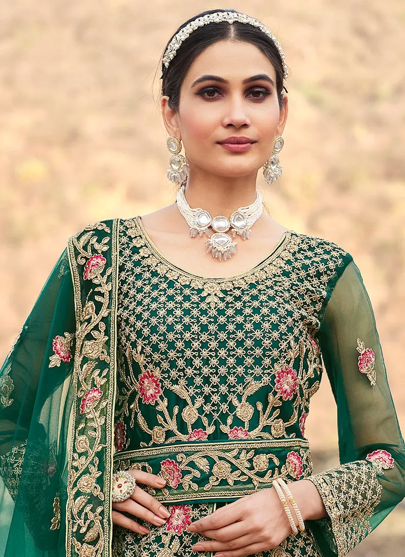 Green Multi Embroidery Slit Style Anarkali Lehenga