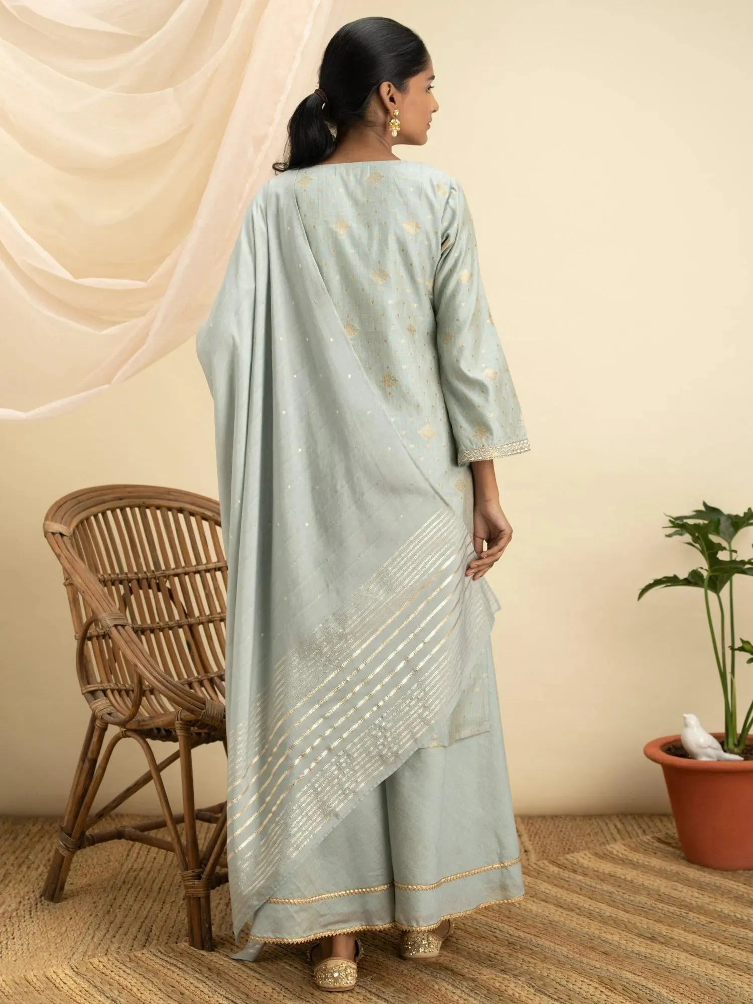 Grey Self Design Chanderi Silk Straight Kurta With Palazzos & Dupatta