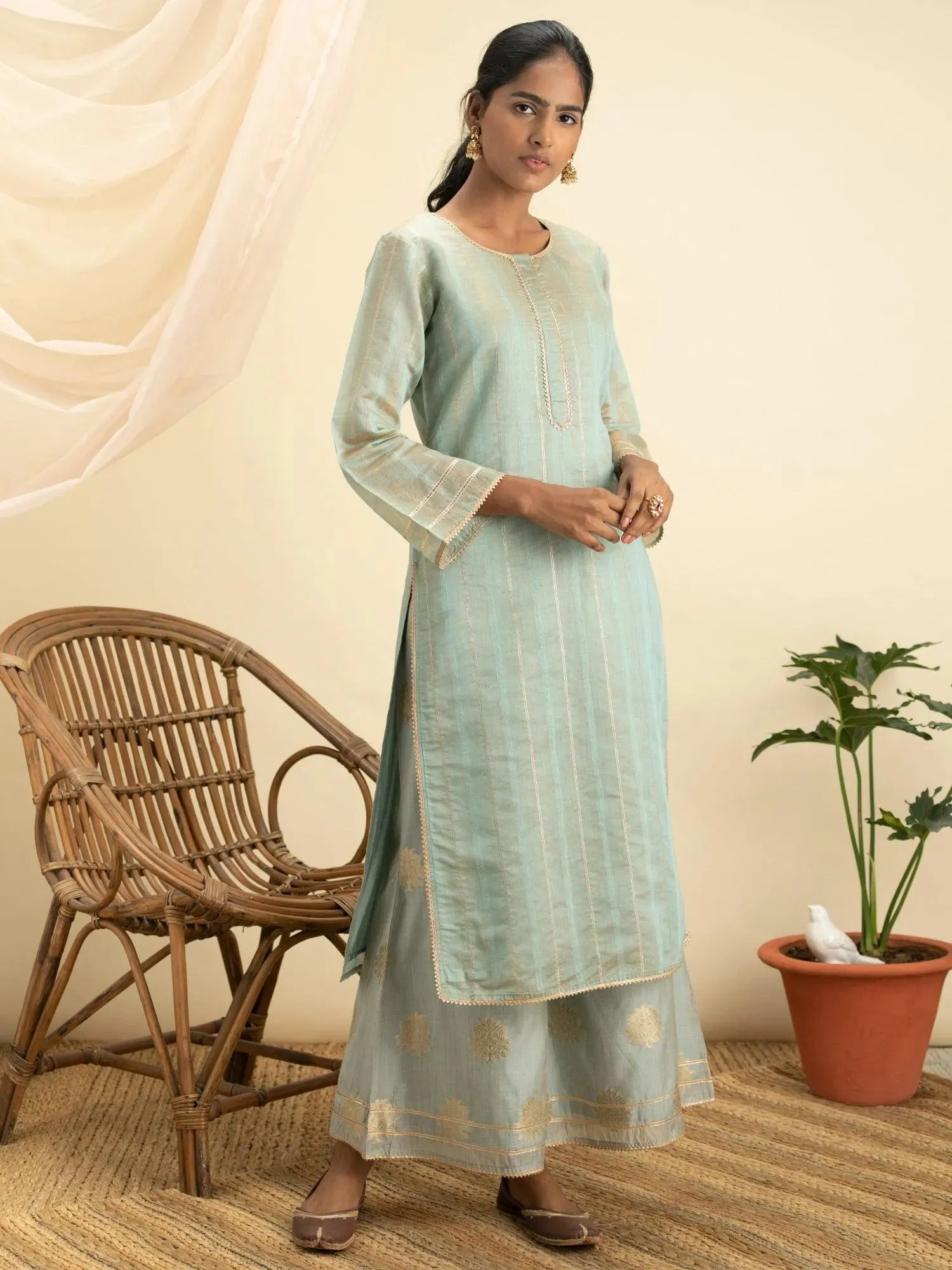 Grey Self Design Chanderi Silk Straight Kurta With Palazzos