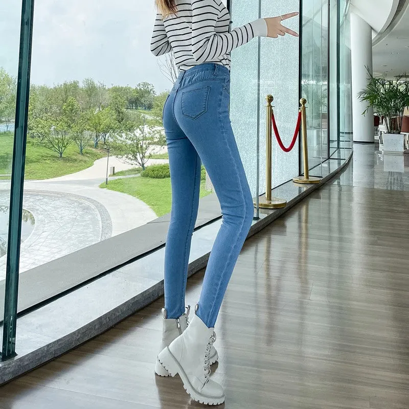 High Waist Velvet Thickening Denim Female Stretch Feet Pants