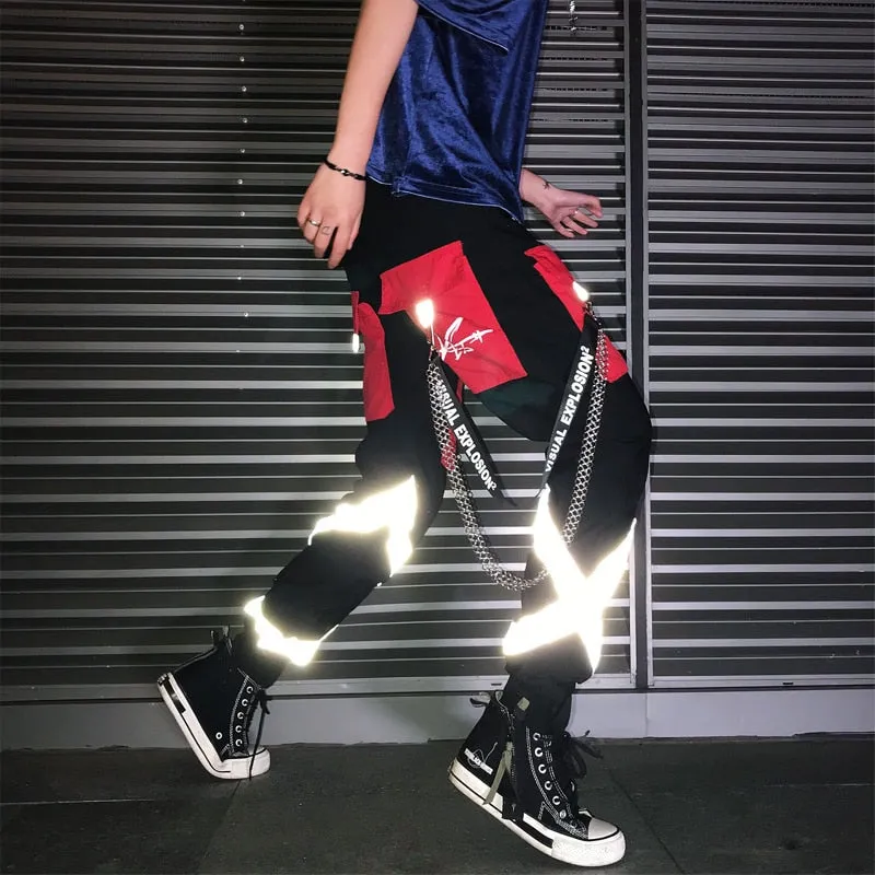 Hip Hop Reflective Strip Patch Style Men Pants