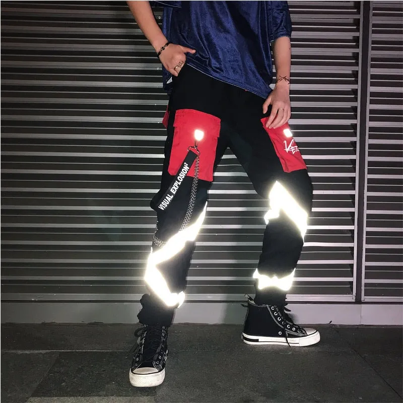 Hip Hop Reflective Strip Patch Style Men Pants