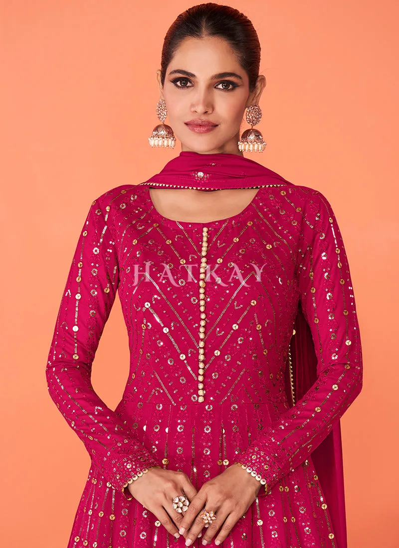 Hot Pink Sequence Embroidered Flared Anarkali Suit