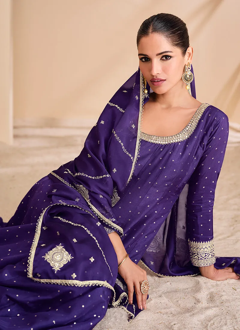 Indigo Blue Embroidery Silk Anarkali Suit