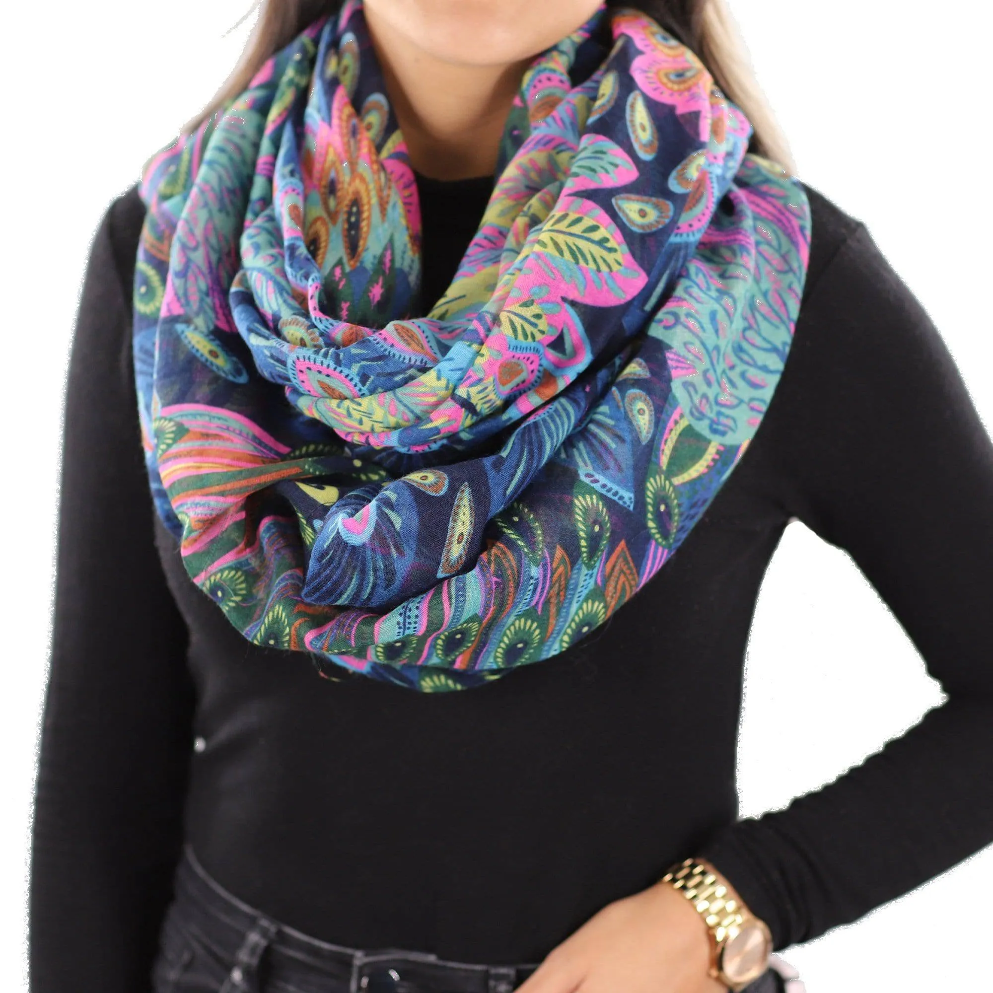 Infinity Peacock Print Scarf - Yellow Combo