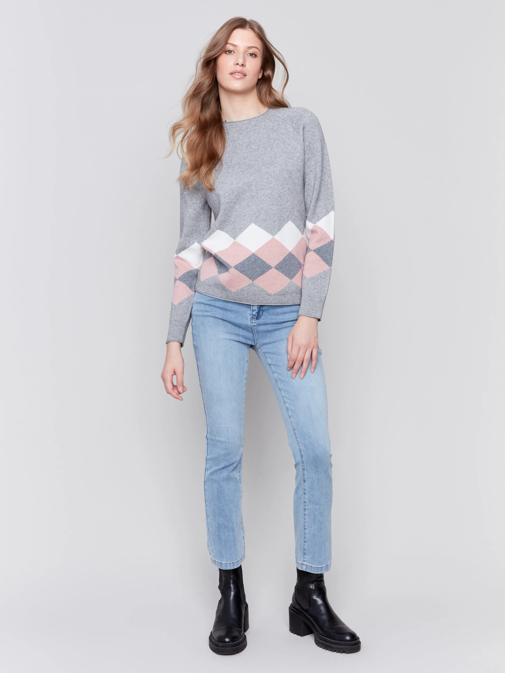 Jacquard Knit Argyle Sweater - Grey