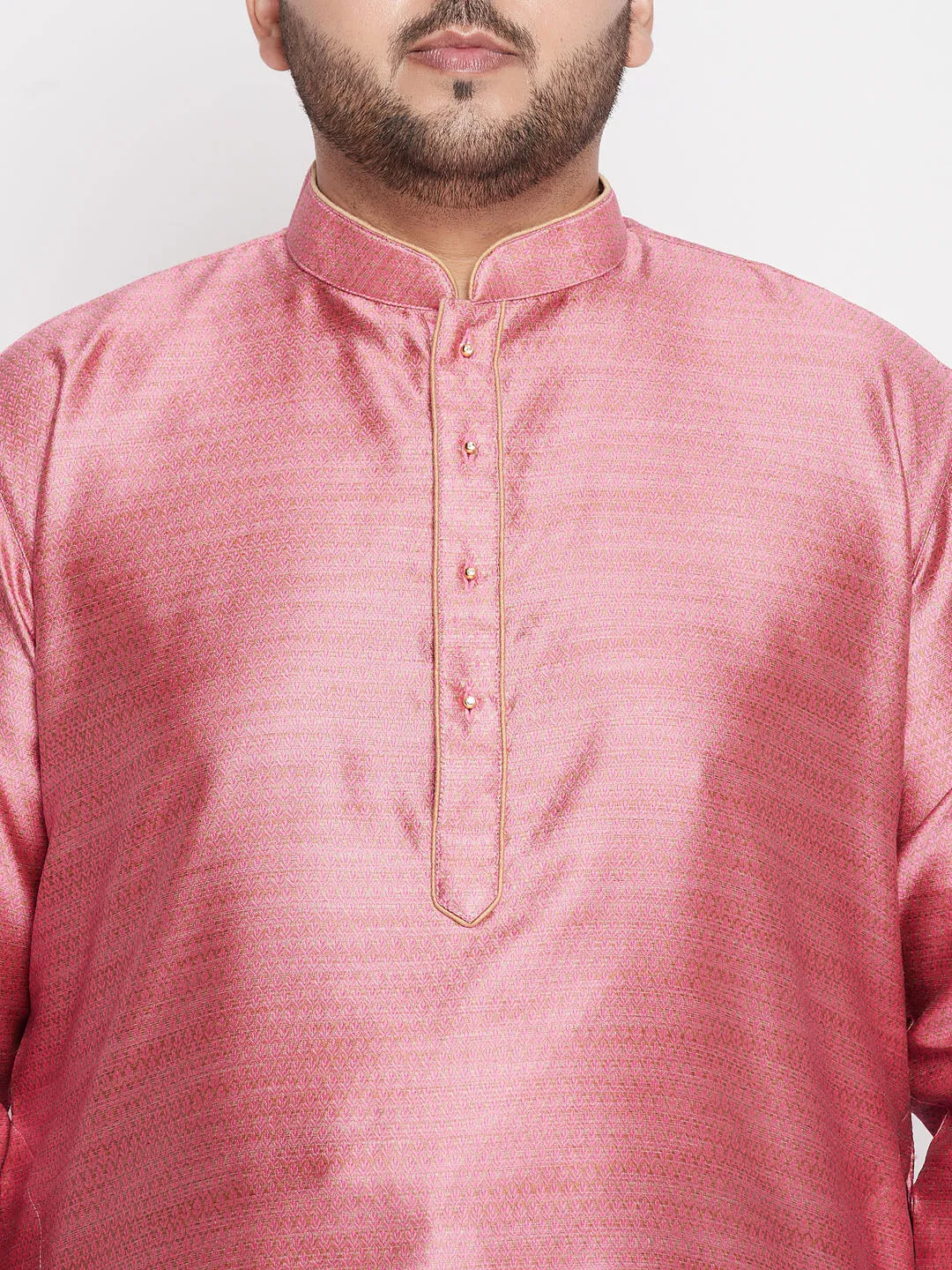 Jashvi Men's Plus Size Pink Woven Kurta And Maroon Pyjama Set