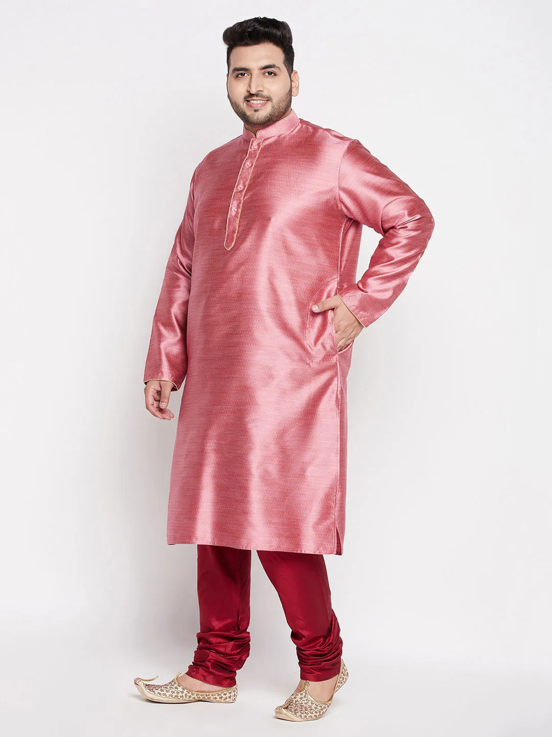 Jashvi Men's Plus Size Pink Woven Kurta And Maroon Pyjama Set