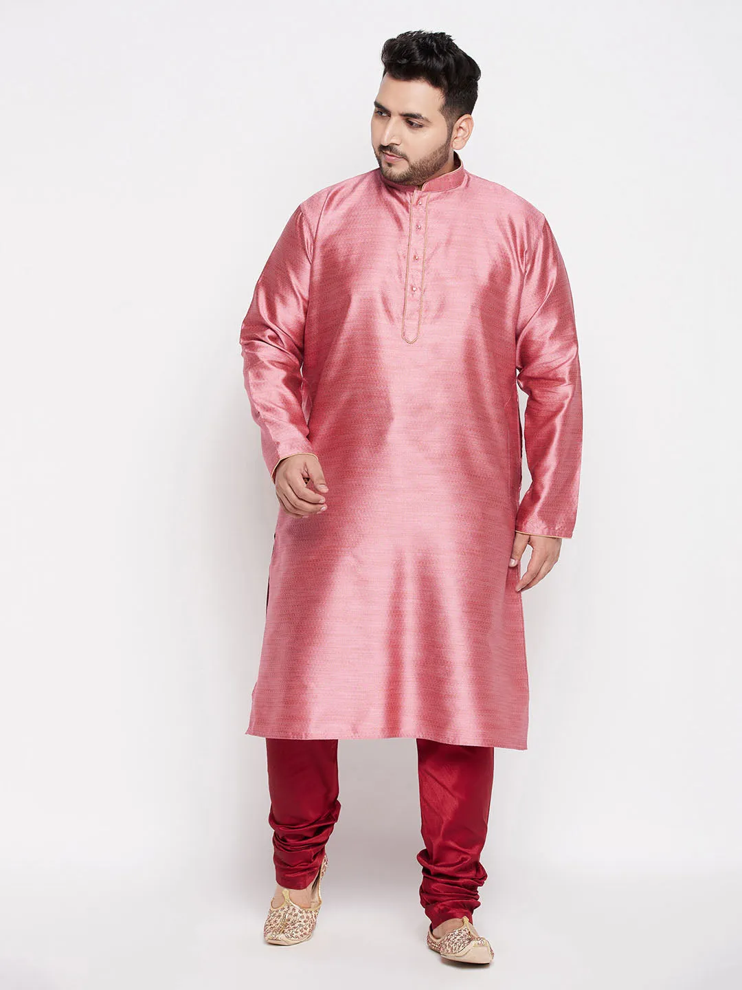 Jashvi Men's Plus Size Pink Woven Kurta And Maroon Pyjama Set