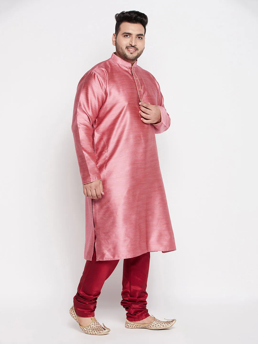 Jashvi Men's Plus Size Pink Woven Kurta And Maroon Pyjama Set