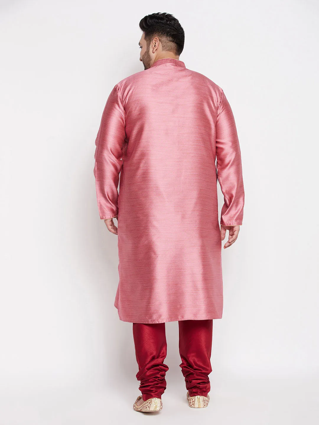 Jashvi Men's Plus Size Pink Woven Kurta And Maroon Pyjama Set