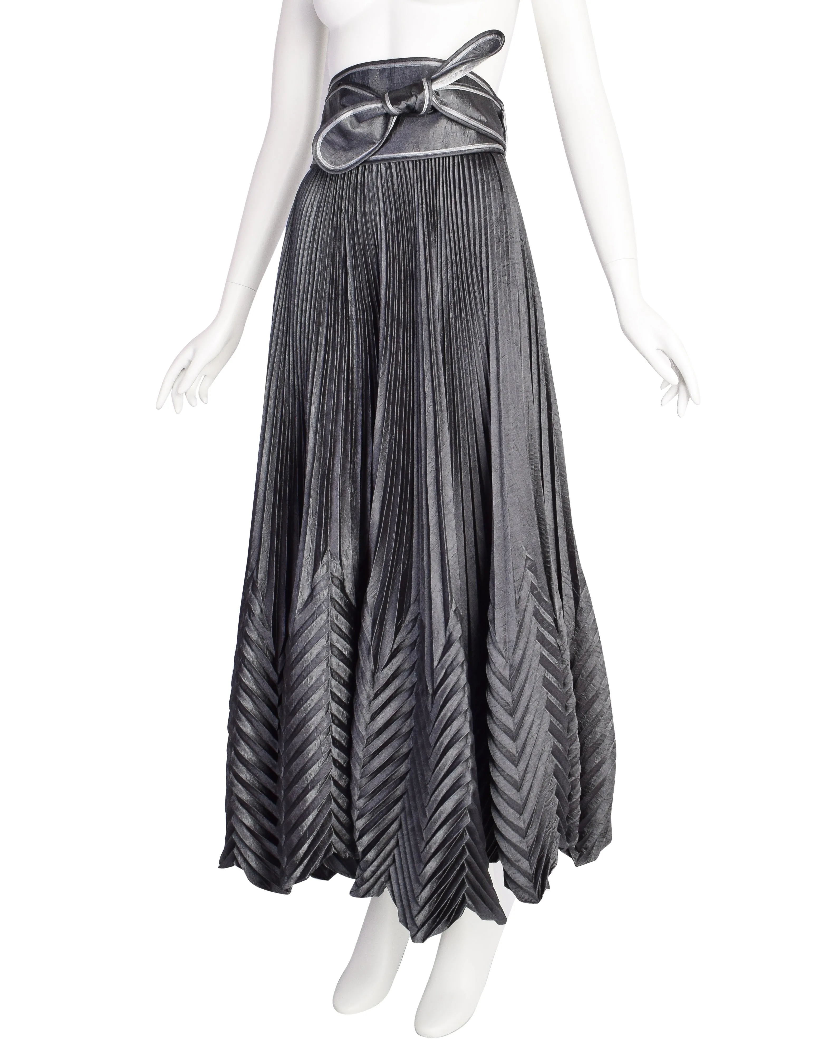 Jeanne Marc Vintage Metallic Charcoal Grey Angle Pleated Full Circle Maxi Skirt