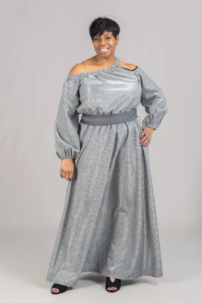 Karen T Designs 9176D Cold-shoulder Metallic Maxi Dress