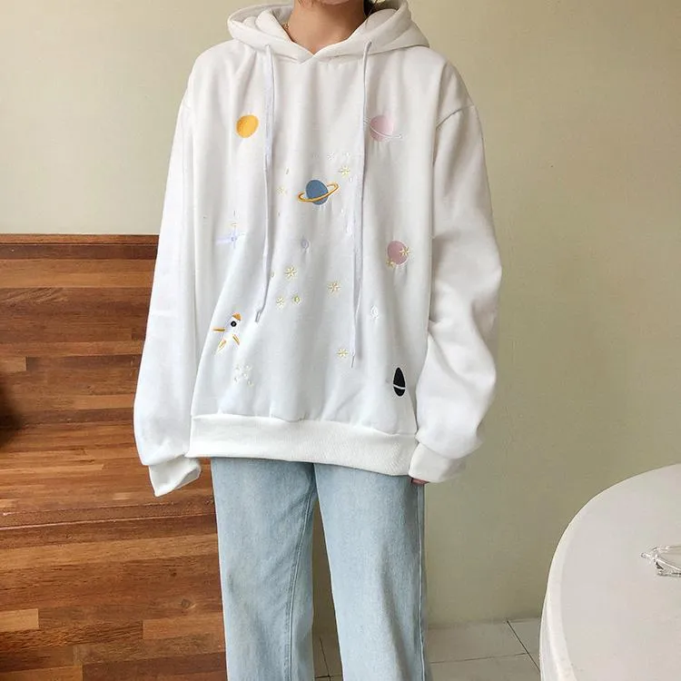 Kawaii Cosmic Embroidery Oversized Hooded Sweatshirt