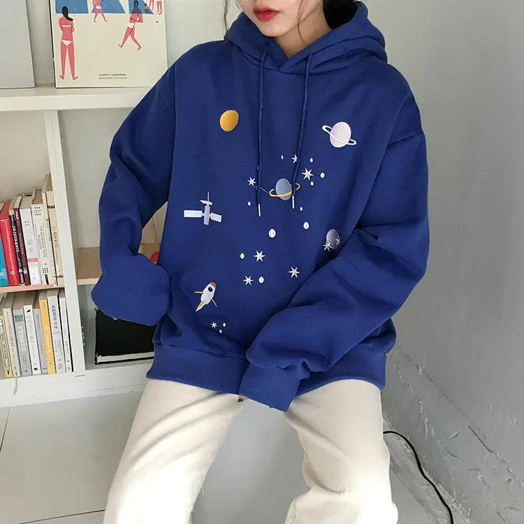 Kawaii Cosmic Embroidery Oversized Hooded Sweatshirt