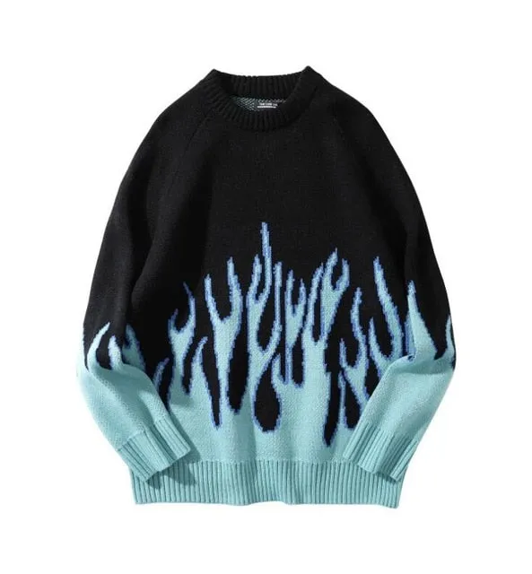 Korean loose knitted flame men and women hip hop streetwear o-neck pullover sweater