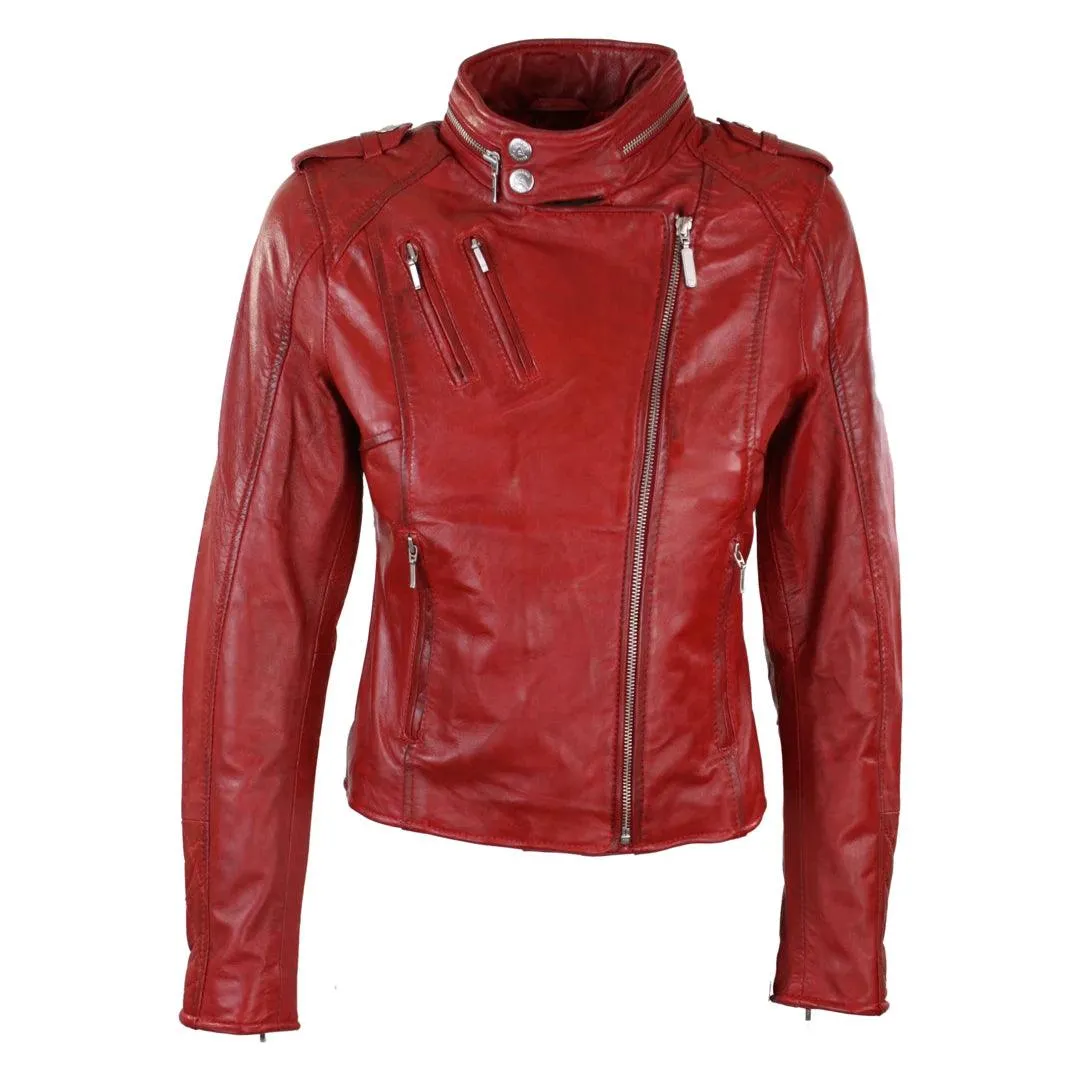 Ladies Women Genuine Real Leather Slim Fit Red Biker Jacket Velvet Lining