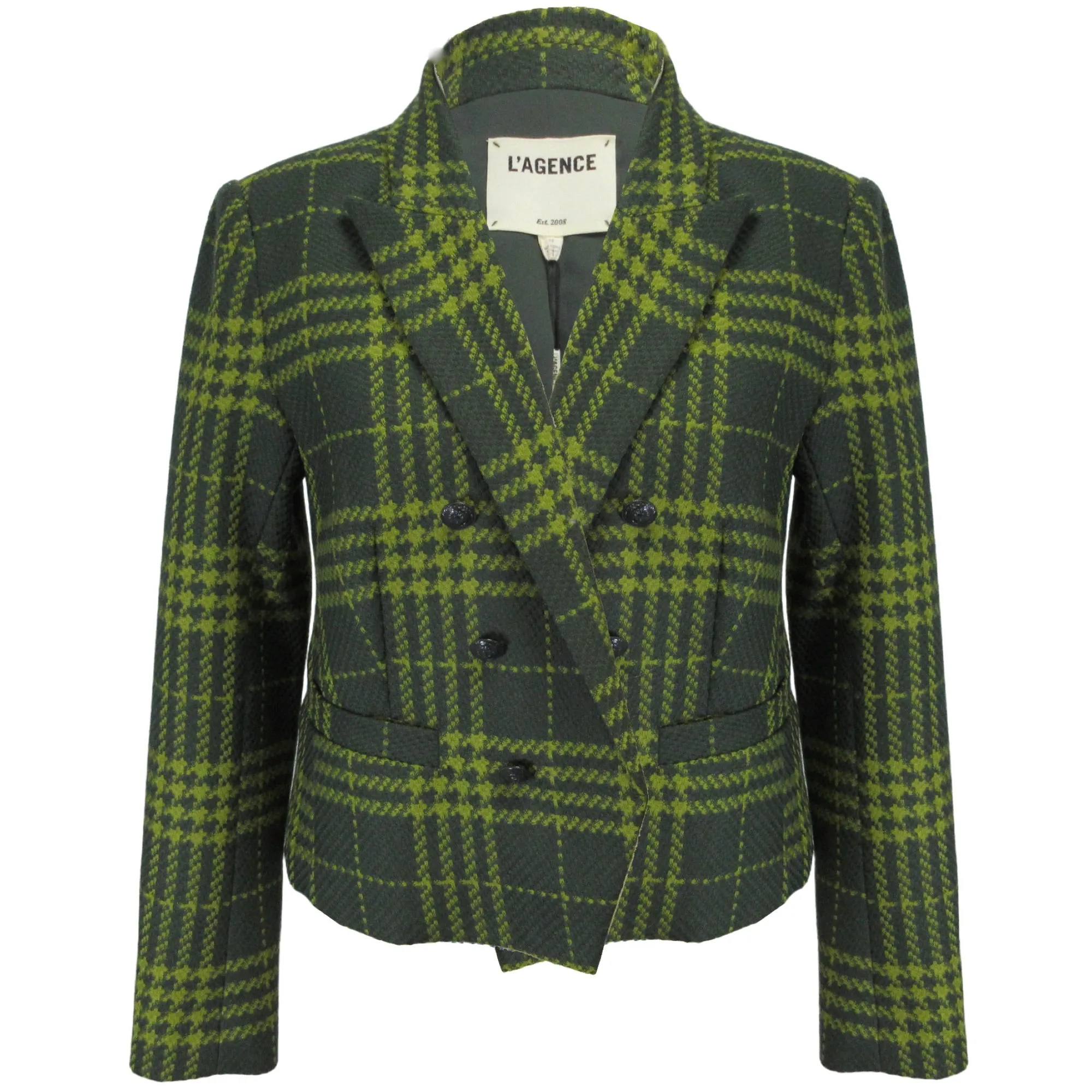 L'Agence Green Multi Plaid Brooke Double Breasted Crop Blazer