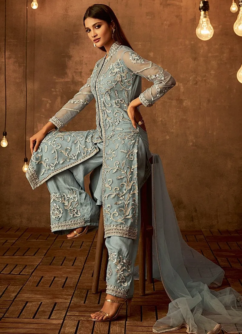 Light Blue Traditional Embroidered Palazzo Pant Suit