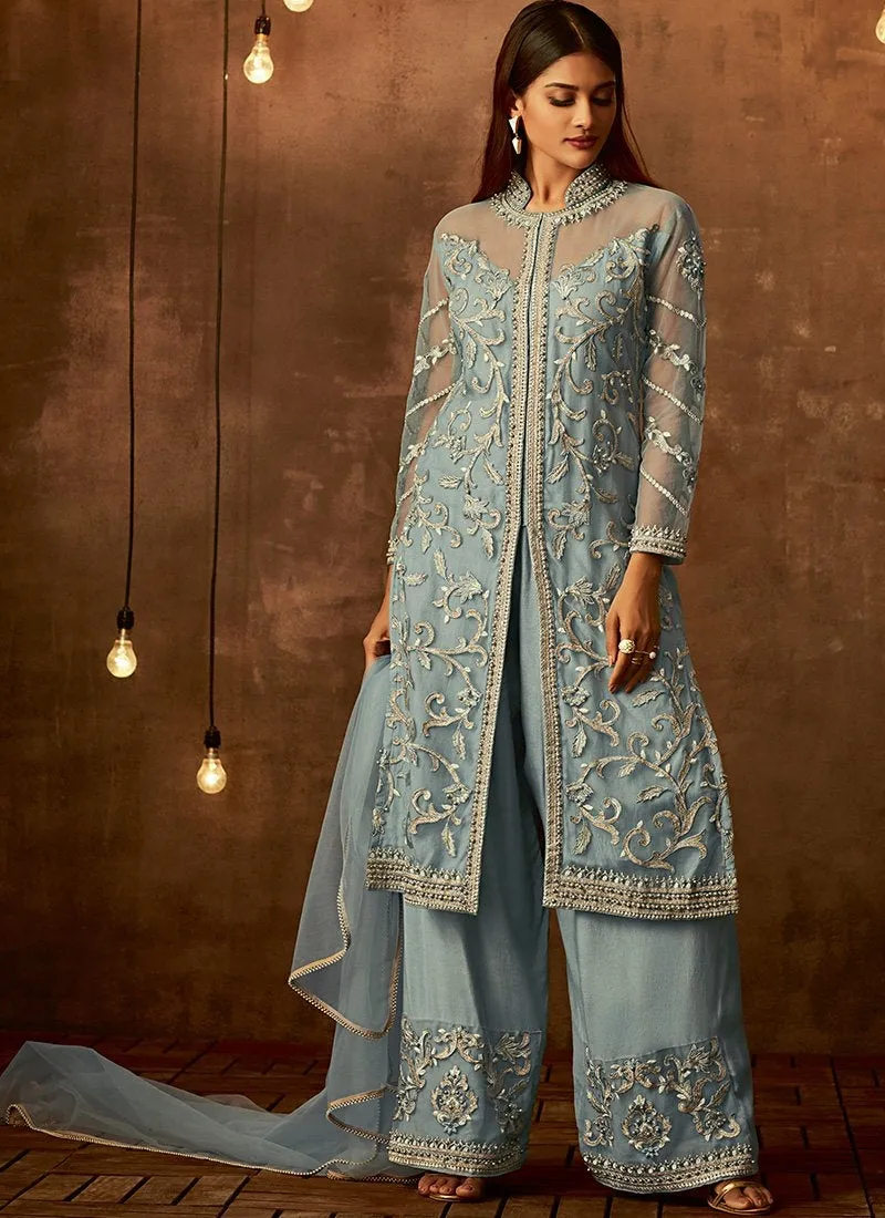 Light Blue Traditional Embroidered Palazzo Pant Suit