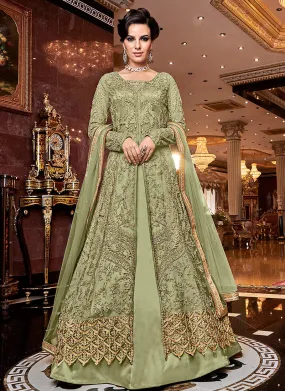 Light Green Golden Embroidered Designer Lehenga/Pants Suit