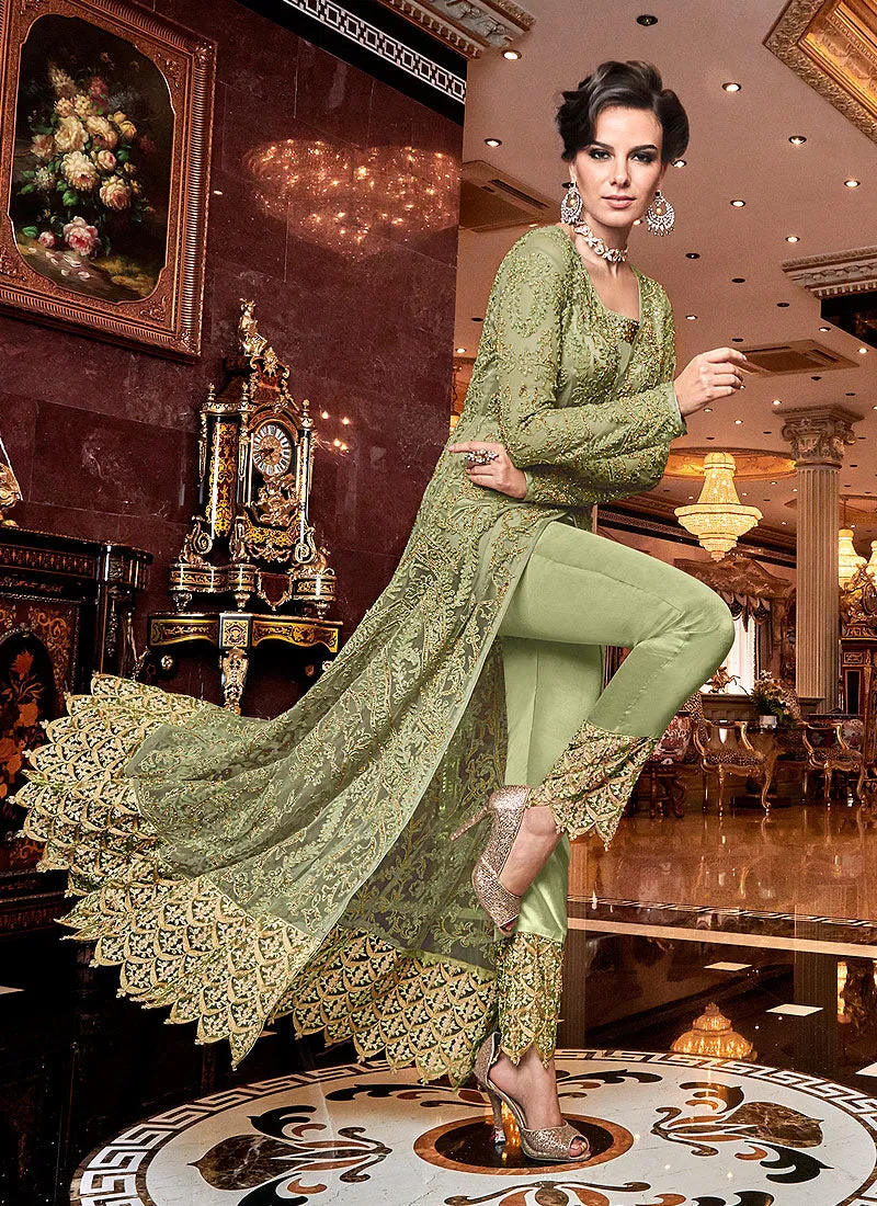 Light Green Golden Embroidered Designer Lehenga/Pants Suit