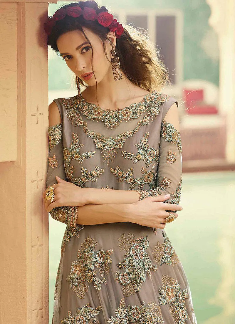 Light Grey Multi Embroidered Flared Anarkali Gown