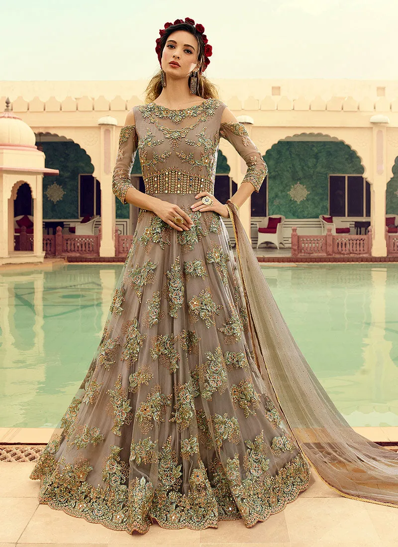 Light Grey Multi Embroidered Flared Anarkali Gown