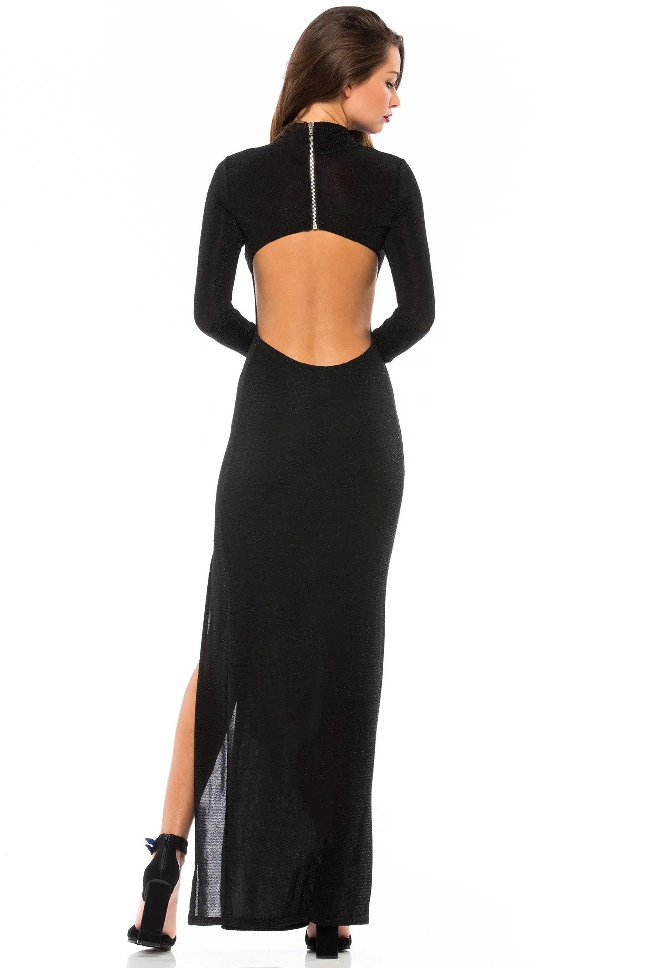 Lurex Long Sleeve Cut-Out Back Maxi