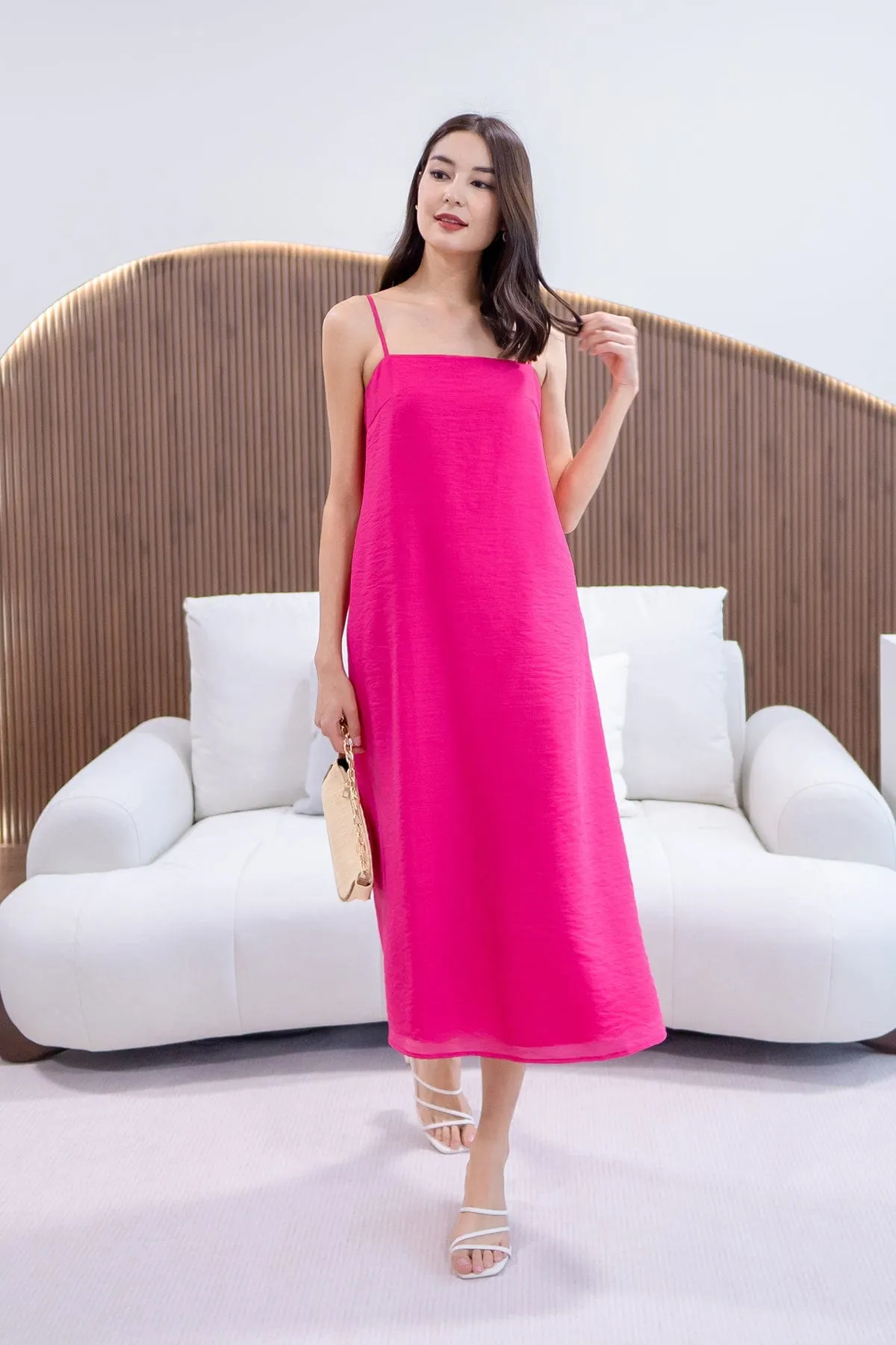 LYN SLIP MIDI DRESS IN BARBIE PINK