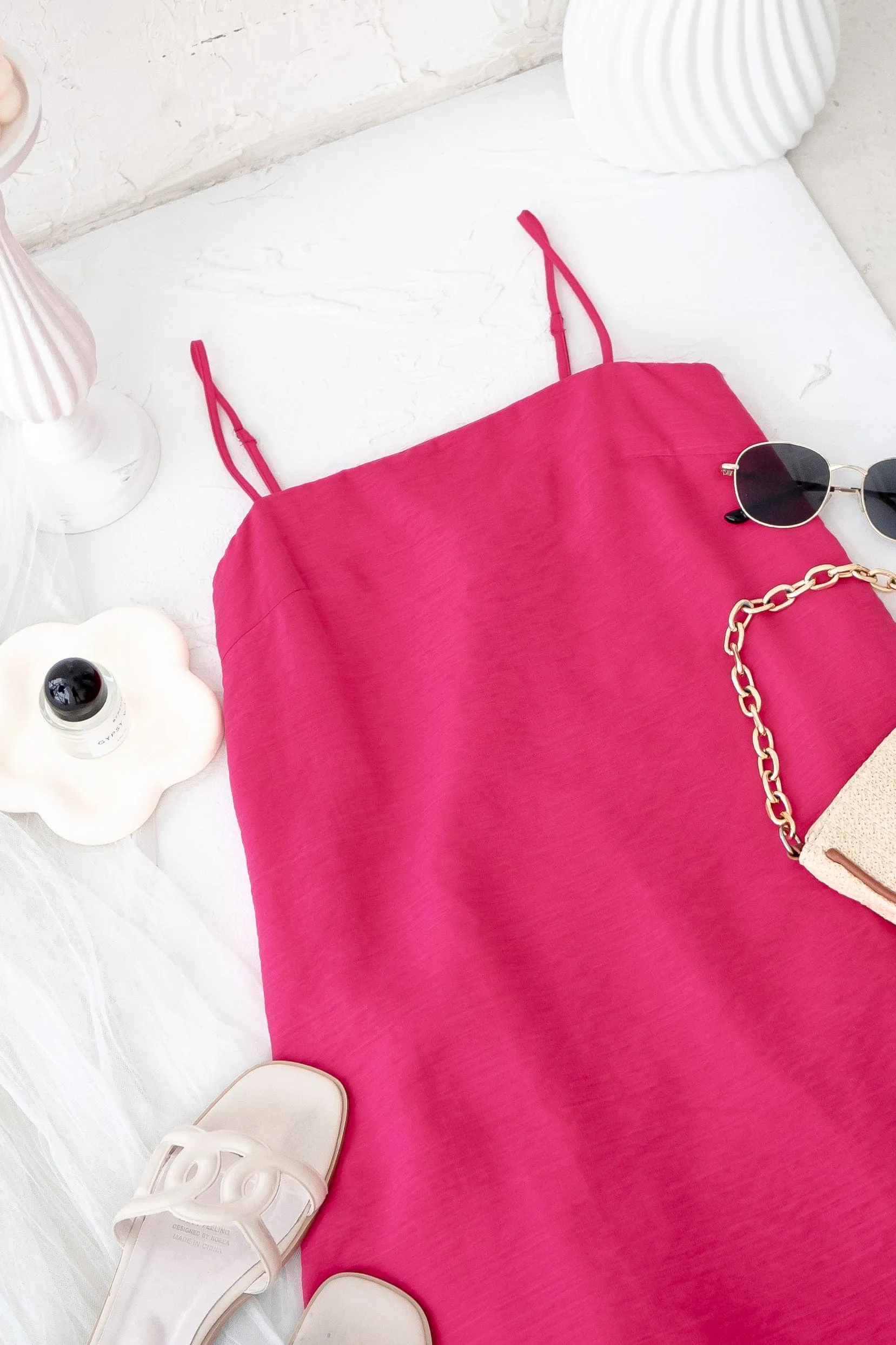 LYN SLIP MIDI DRESS IN BARBIE PINK