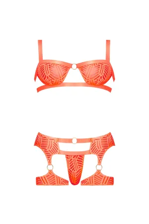 Magic Silk Rude Awakening Balconette Bra & Stirrup Thong Set Neon Orange