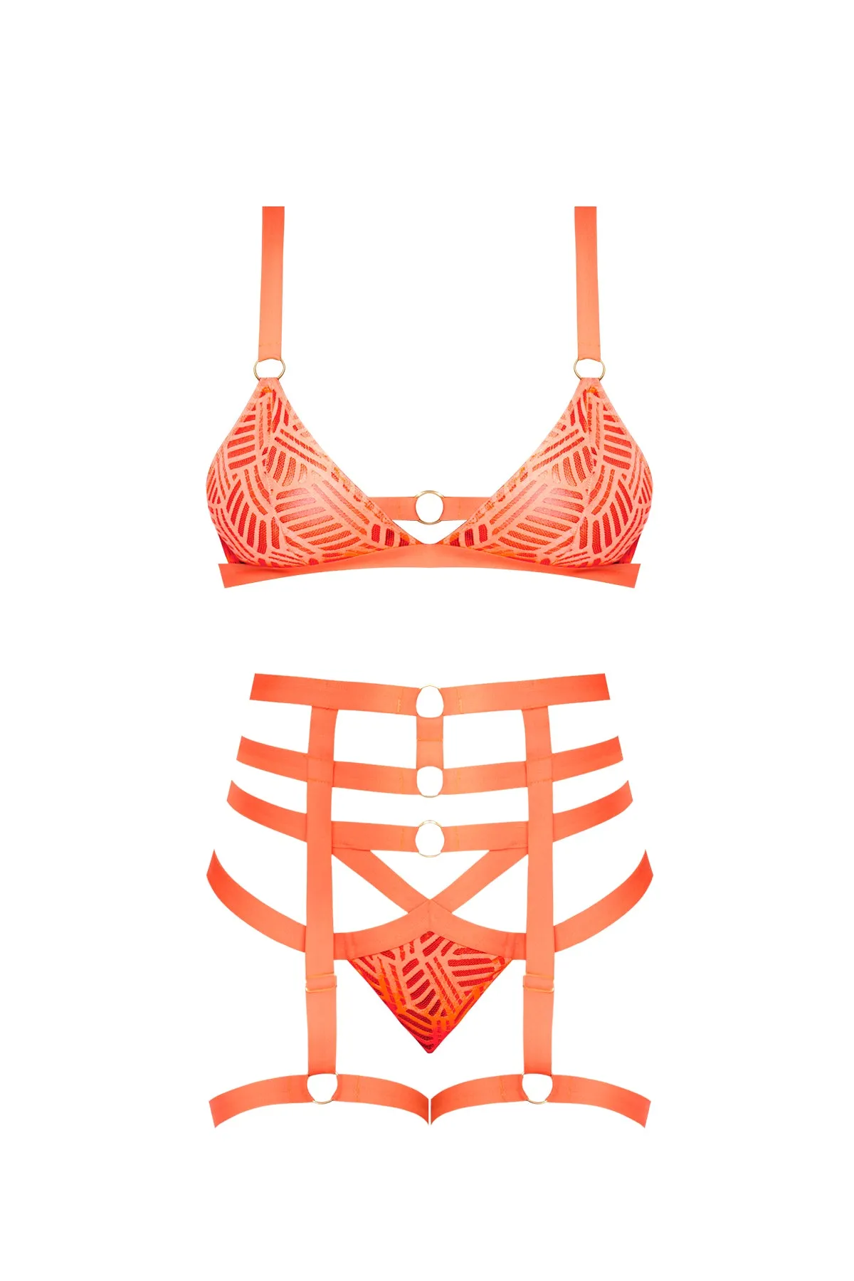 Magic Silk Rude Awakening Bralette, Thigh High Garter & Cheeky Panty Set Neon Orange