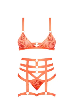 Magic Silk Rude Awakening Bralette, Thigh High Garter & Cheeky Panty Set Neon Orange