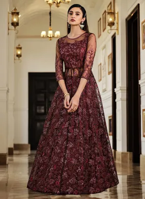 Maroon Sequence Embroidered Designer Anarkali Lehenga/Pant Suit