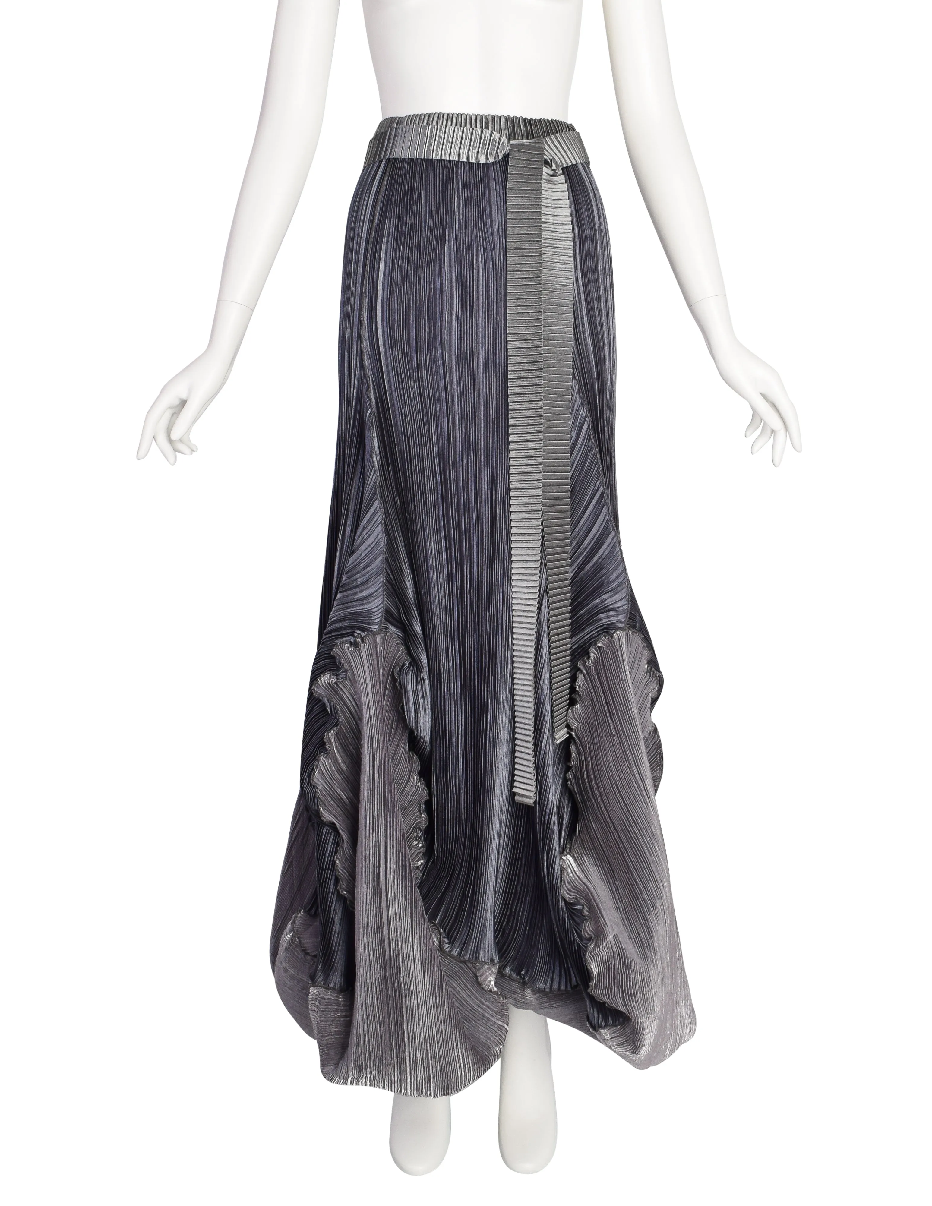 Mashiah Vintage Avant Garde Blue Grey Metallic Bubble Plisse Pleated Maxi Skirt