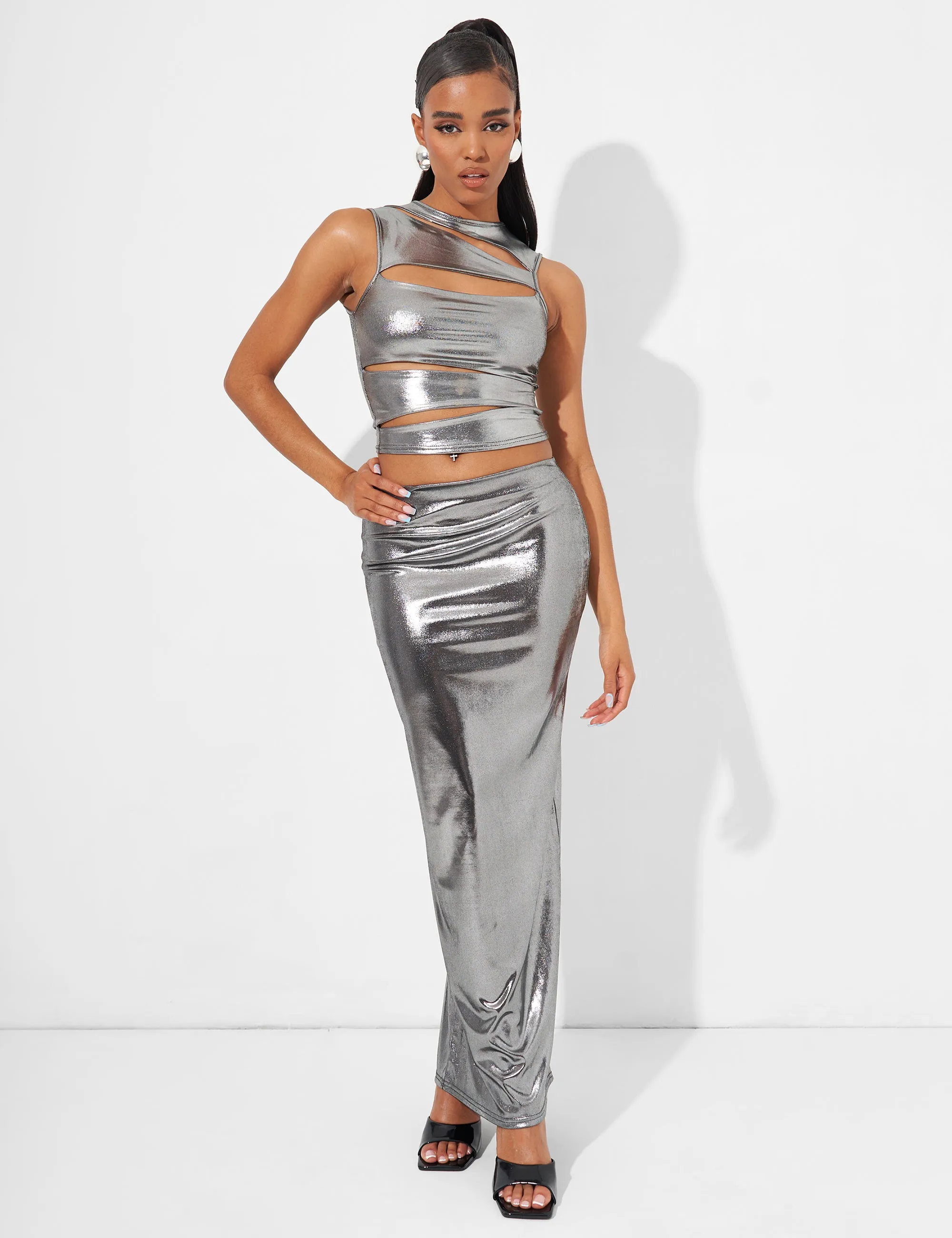 Maxi Skirt Co Ord in Metallic Silver