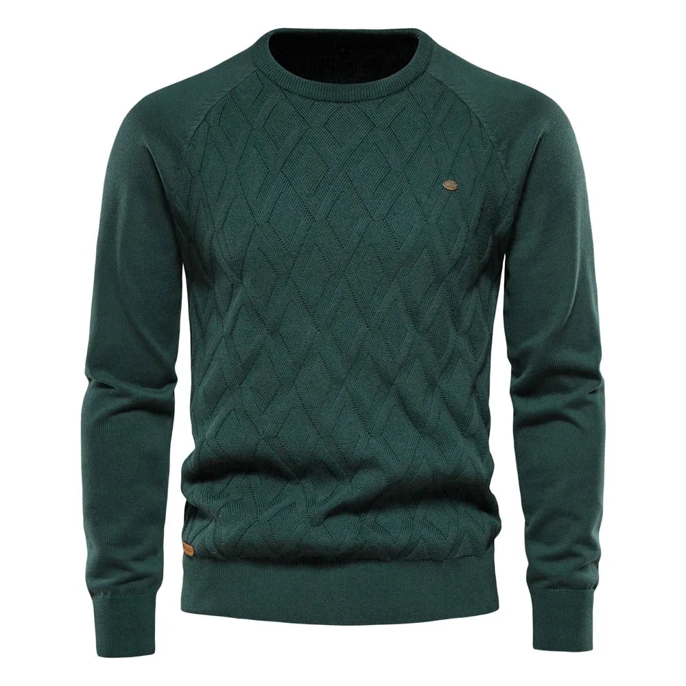 Mens Basic Argyle Solid Color O-Neck Long Sleeve Knitted Sweater