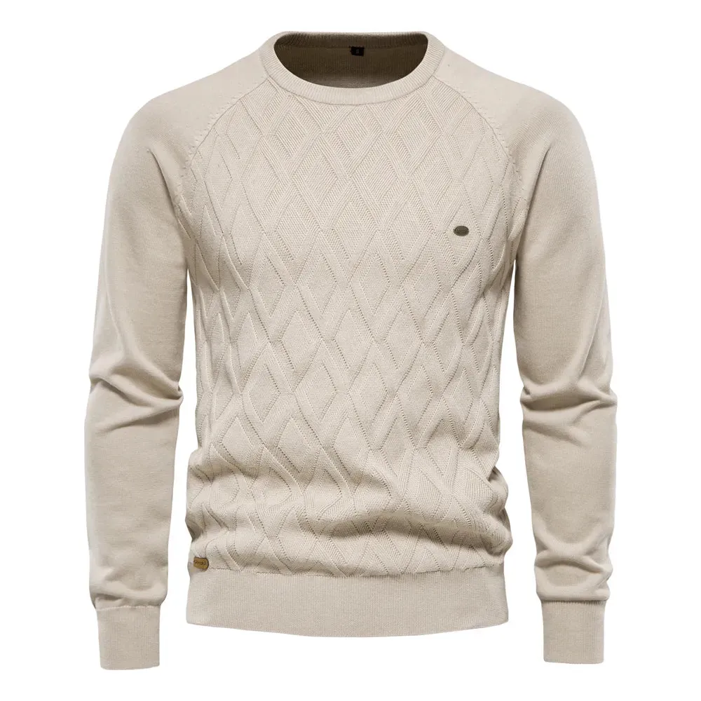 Mens Basic Argyle Solid Color O-Neck Long Sleeve Knitted Sweater