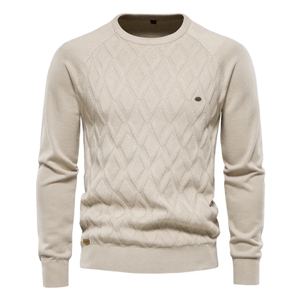 Mens Basic Argyle Solid Color O-Neck Long Sleeve Knitted Sweater