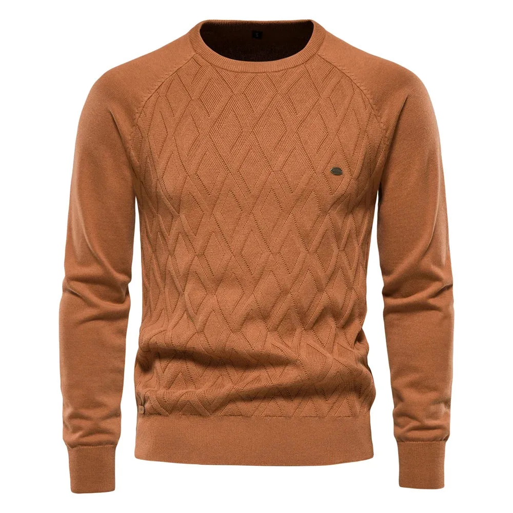 Mens Basic Argyle Solid Color O-Neck Long Sleeve Knitted Sweater