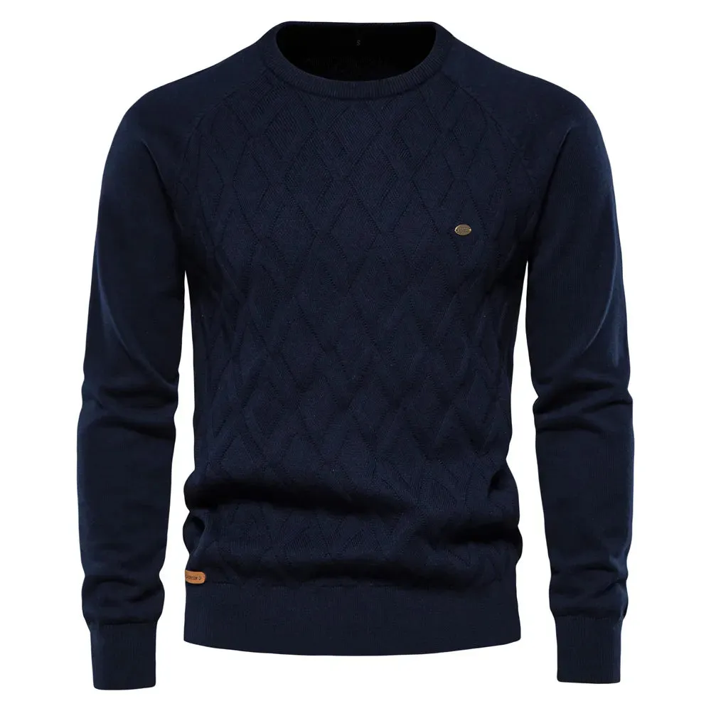 Mens Basic Argyle Solid Color O-Neck Long Sleeve Knitted Sweater