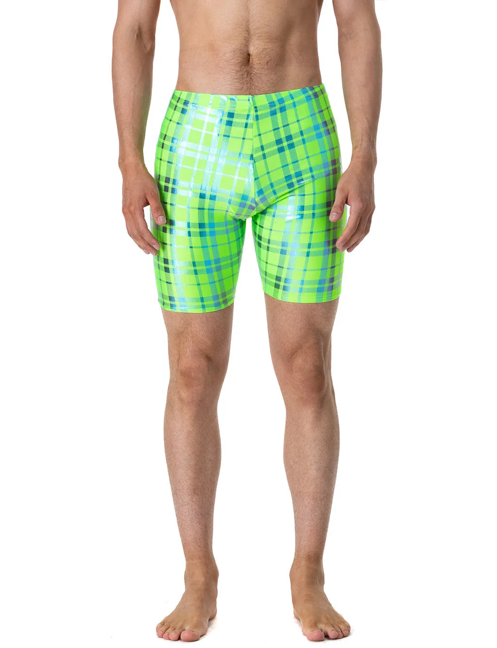 MENS BIKE SHORTS - HOLOGRAPHIC GREEN & BLUE PLAID