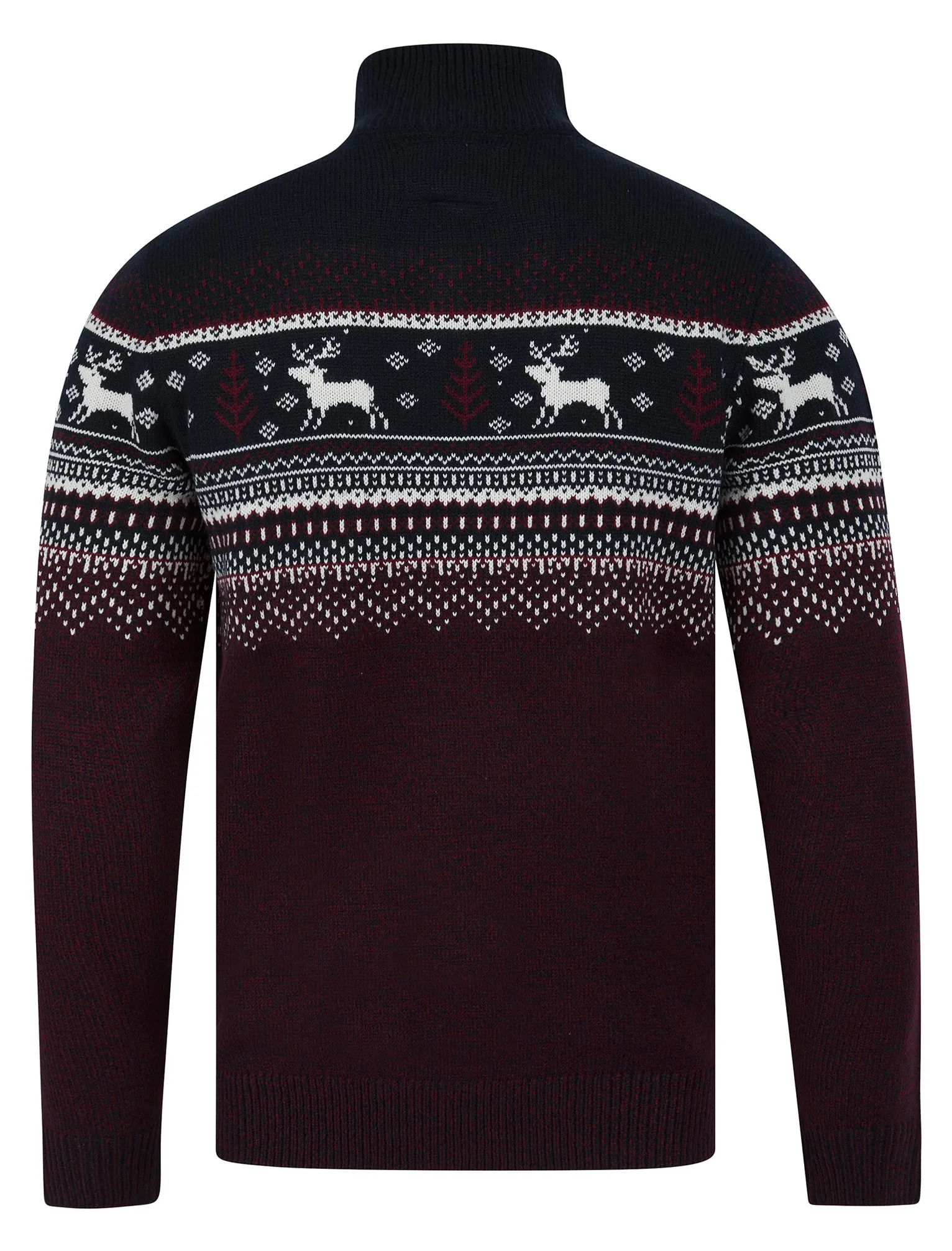 Men's Wayne Nordic Fair Isle Jacquard Knit Christmas Jumper with Quarter Zip Funnel Neck in Ink - Merry Christmas