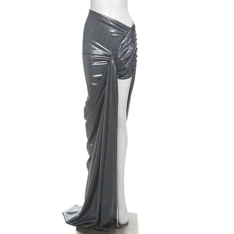 Metallic slit ruched maxi skirt