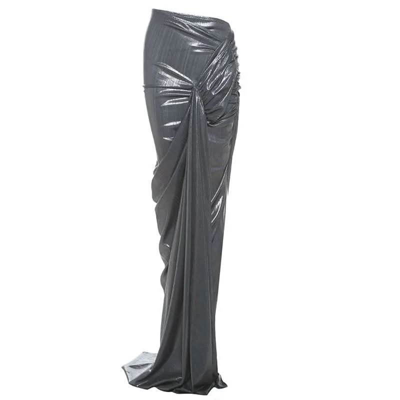 Metallic slit ruched maxi skirt